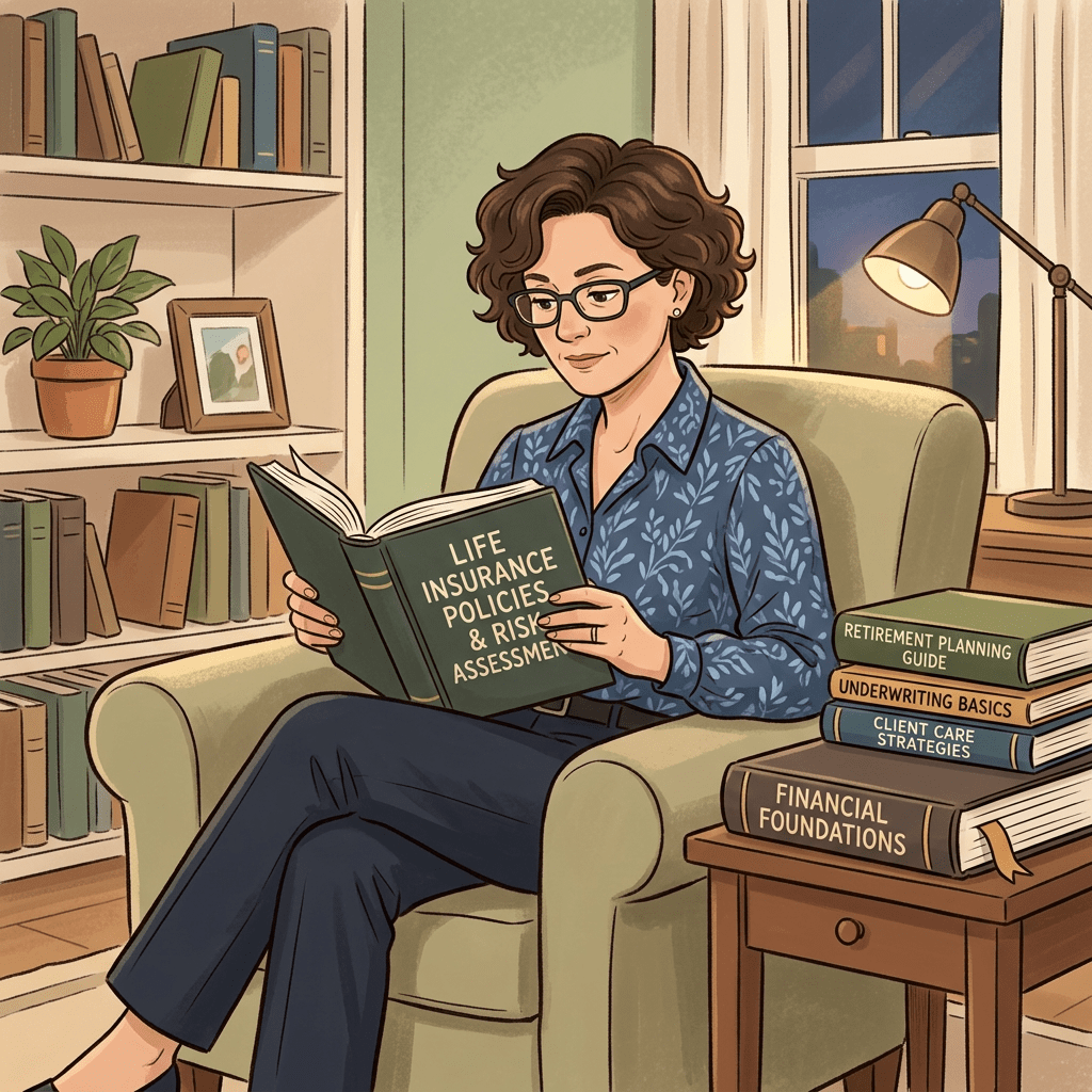 Woman reading a book titled Life Insurance Policies & Risk Assessment in a living room with a stack of financial planning books.