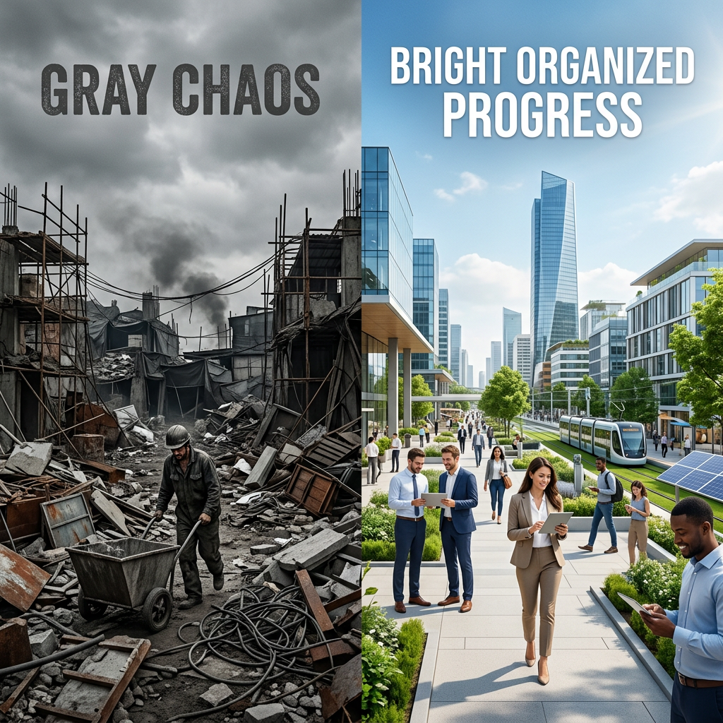 Left side shows urban destruction with rubble and a worker; right side shows a modern cityscape with people and greenery