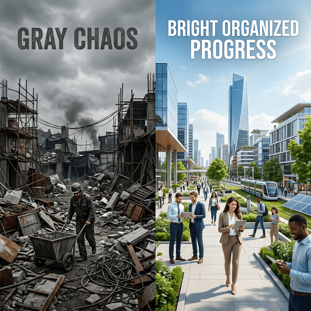 Left side shows urban destruction with rubble and a worker; right side shows a modern cityscape with people and greenery
