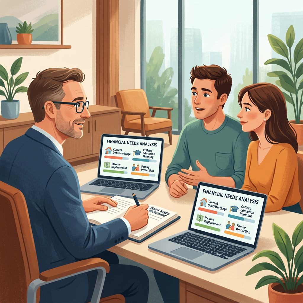 Financial advisor meeting with couple showing financial needs analysis on laptops