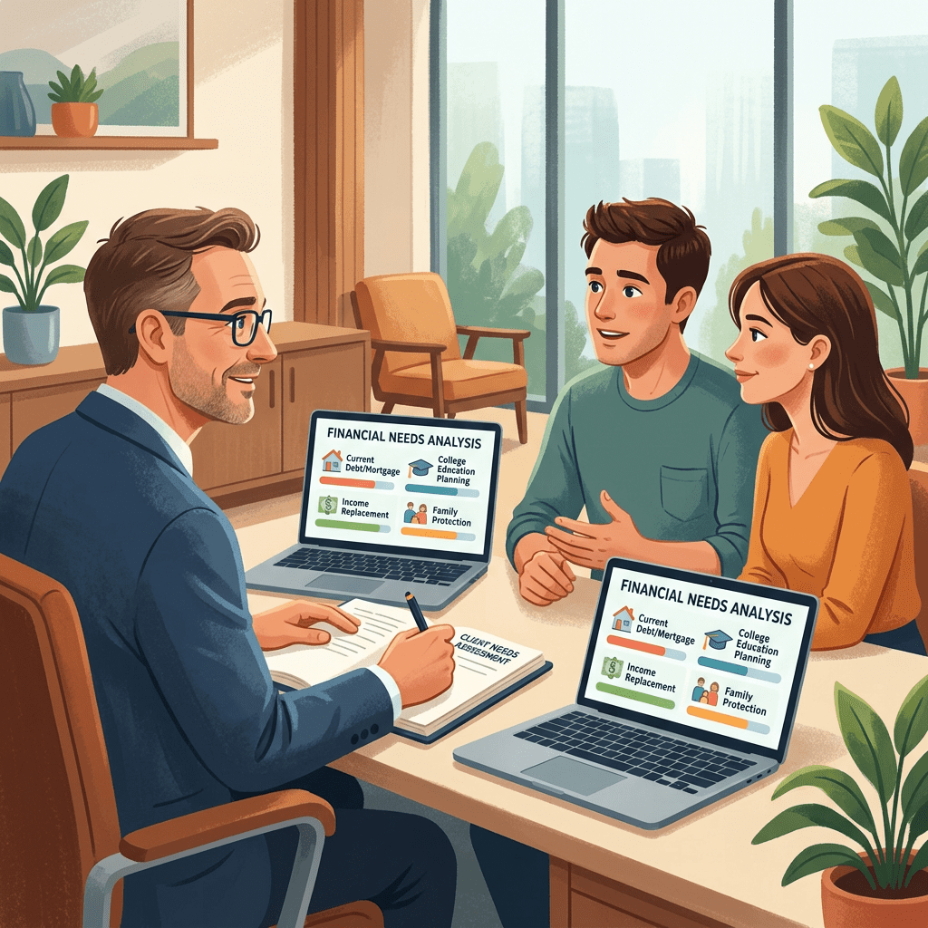 Financial advisor meeting with couple showing financial needs analysis on laptops
