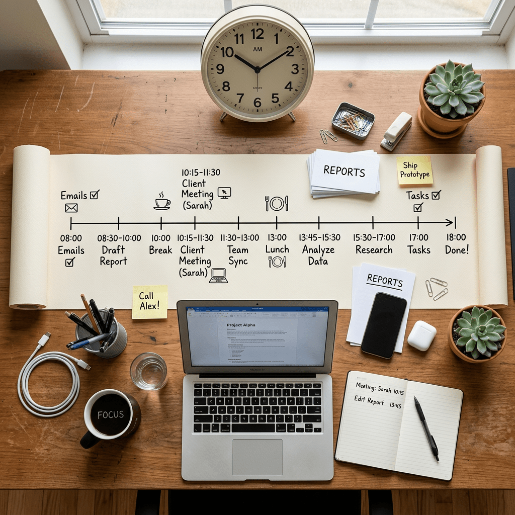 Desk with laptop, daily timeline chart, clock, succulent plants, and office supplies