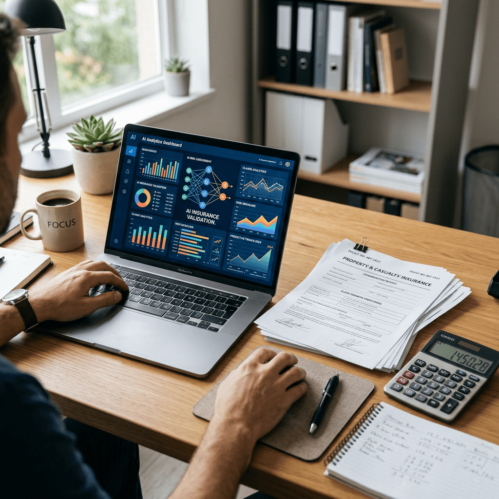 Person working on laptop showing AI insurance validation dashboard with charts