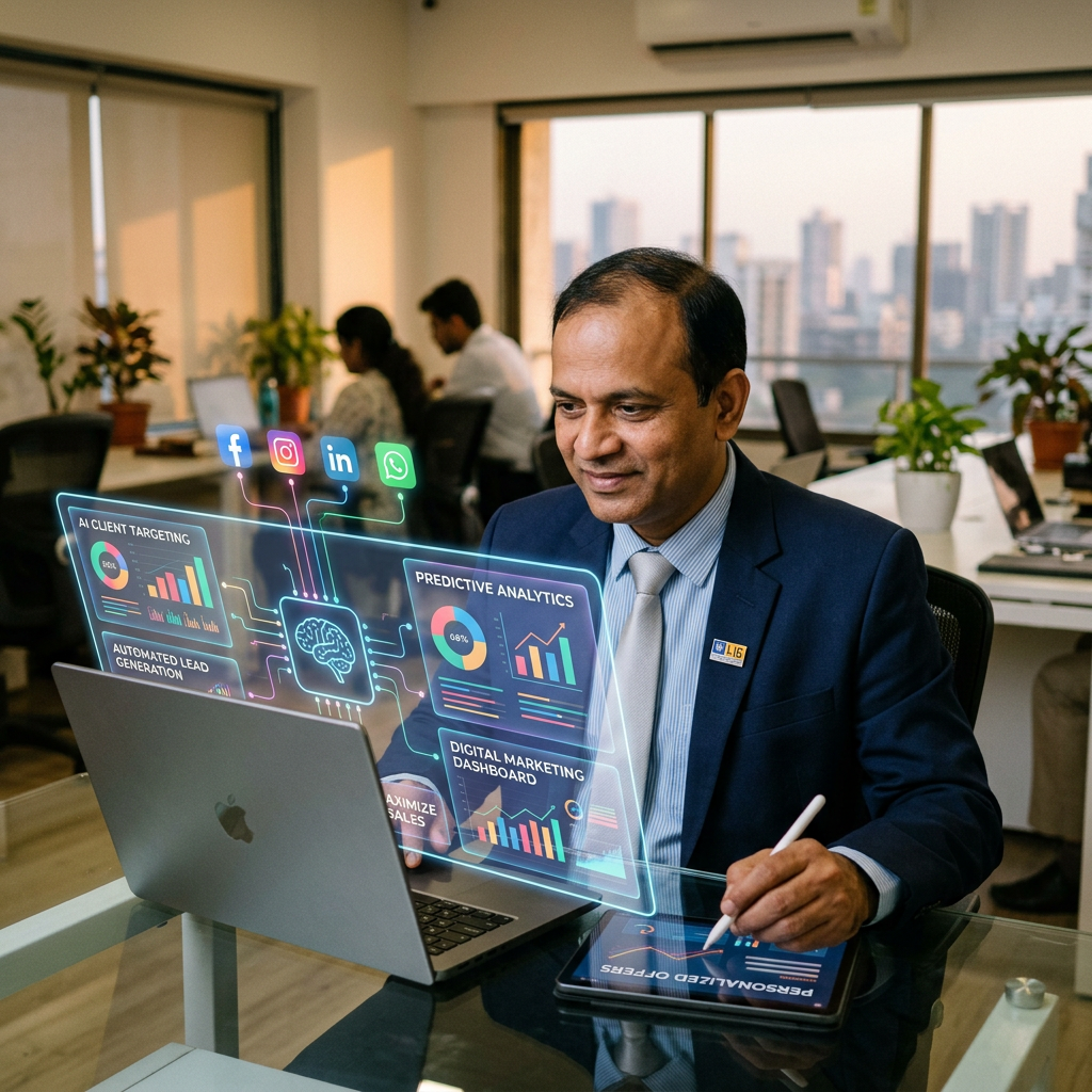 Businessman analyzing digital marketing dashboards and predictive analytics with AI interface on laptop and tablet