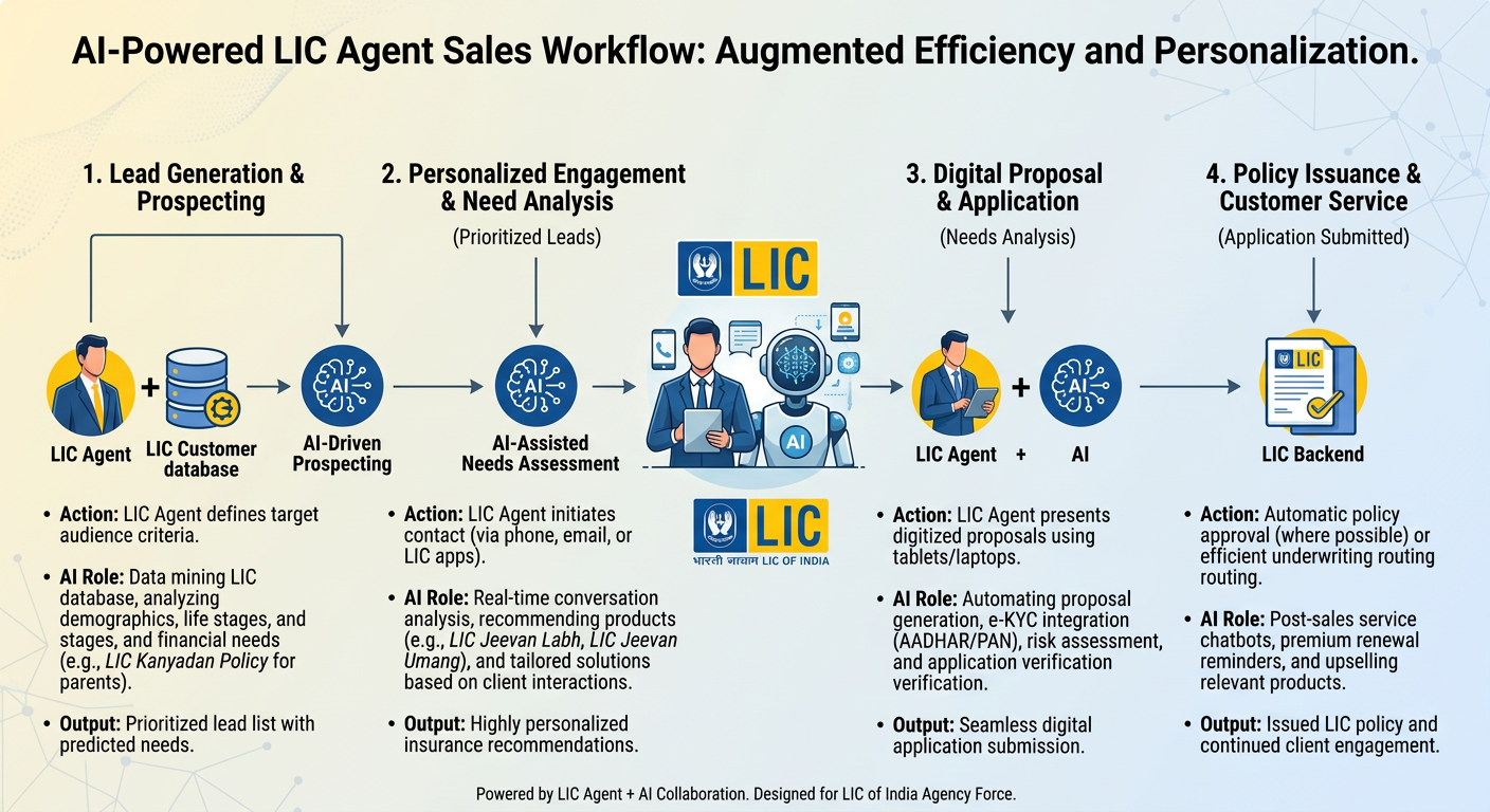 AI-enhanced LIC agent sales workflow with four key stages from lead generation to policy issuance.