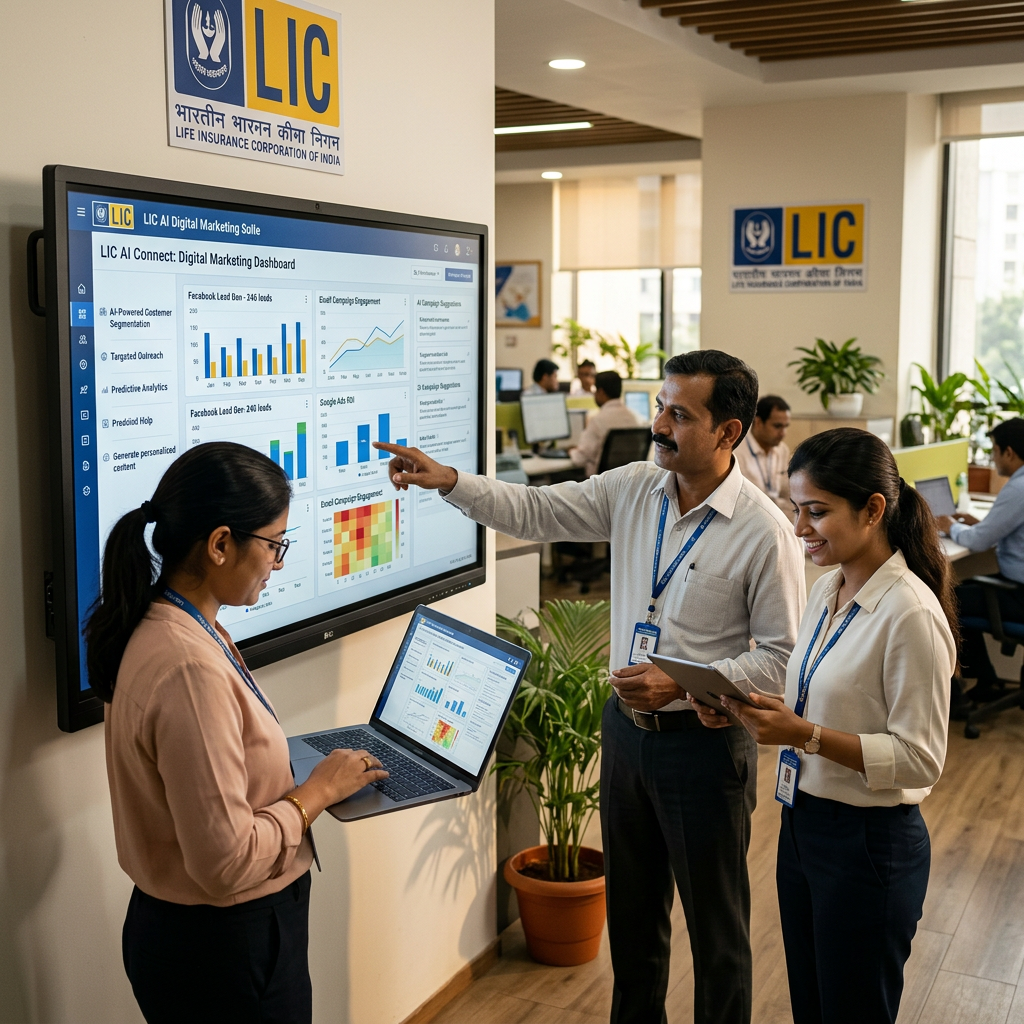 Three LIC employees reviewing digital marketing data on a large screen and laptop in an office
