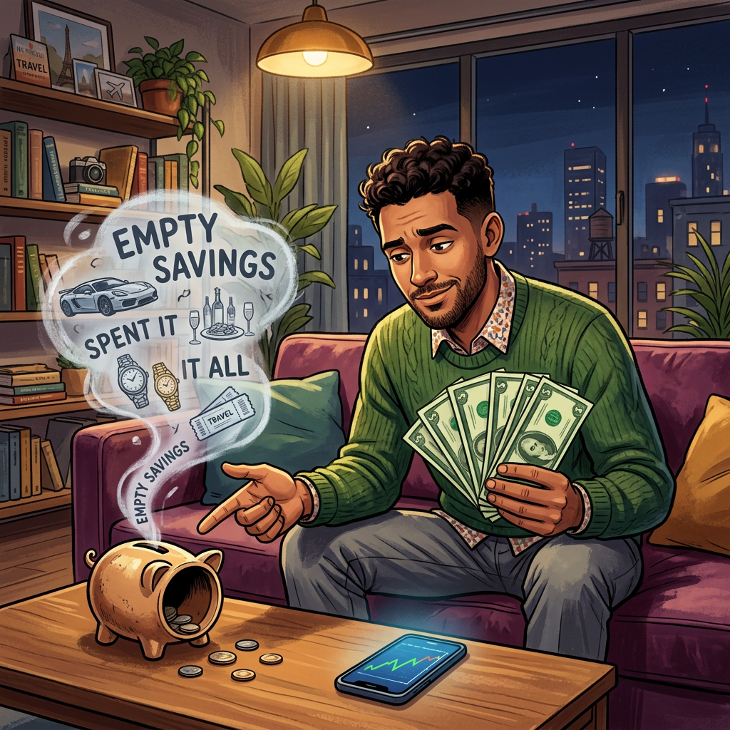 Man holding cash pointing at empty piggy bank with thoughts of spent savings
