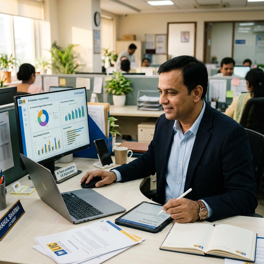 Man working on laptop and tablet with AI customer segmentation charts on screen