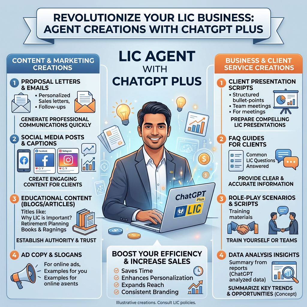 Infographic showing ChatGPT Plus tools for LIC agents to improve content marketing and client service.