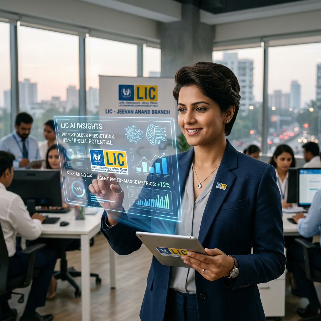 LIC agent using AI analytics for policyholder predictions and performance metrics