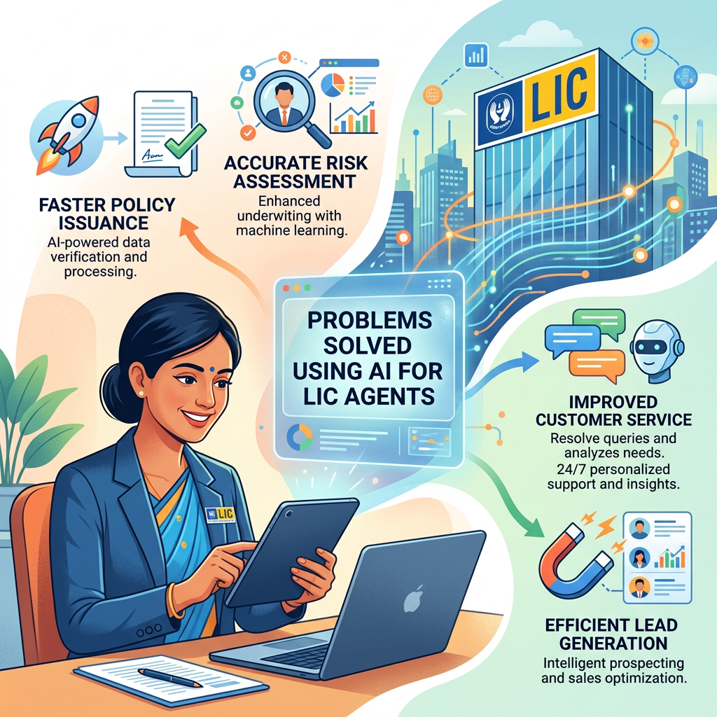 Illustration showing an LIC agent using AI tools for faster policy issuance, accurate risk assessment, improved customer service, and lead generation.