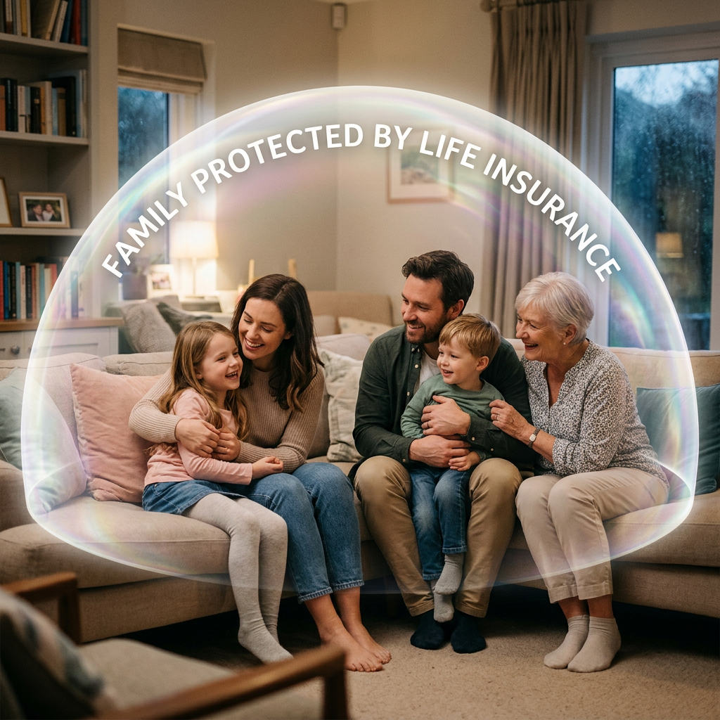 Family of five sitting on couch with protective bubble and text 'Family Protected by Life Insurance'