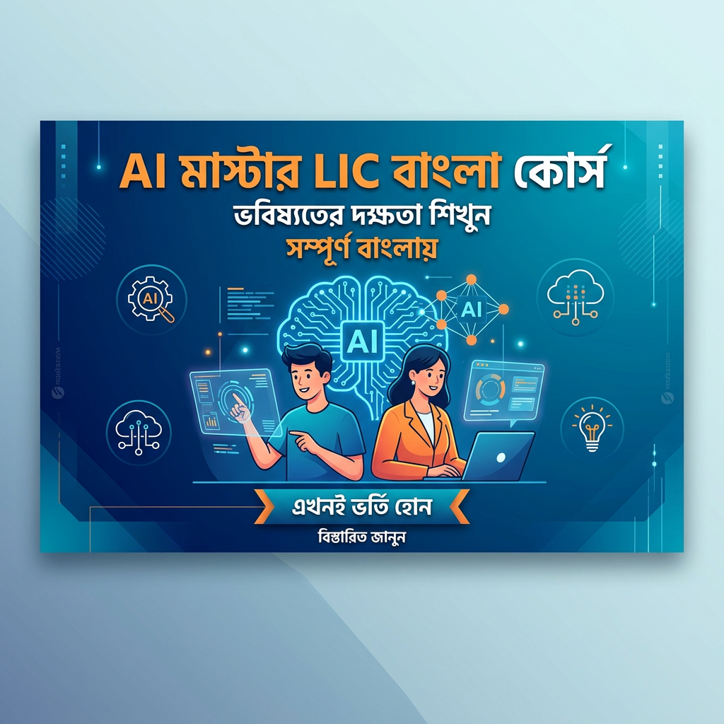 AI Master LIC Bengali course advertisement with futuristic AI graphics and two students using digital devices