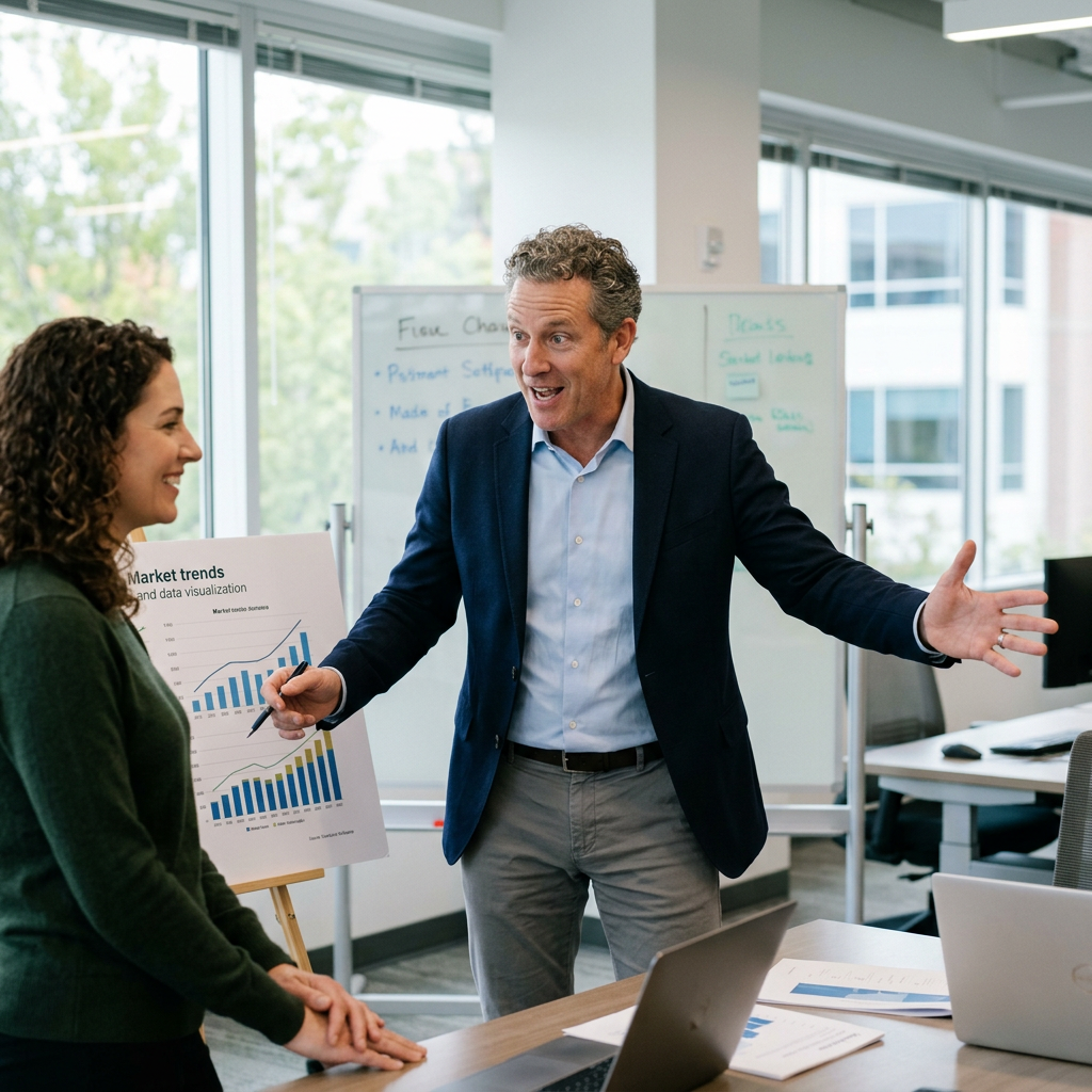Two colleagues discussing market trends with charts and graphs on an easel