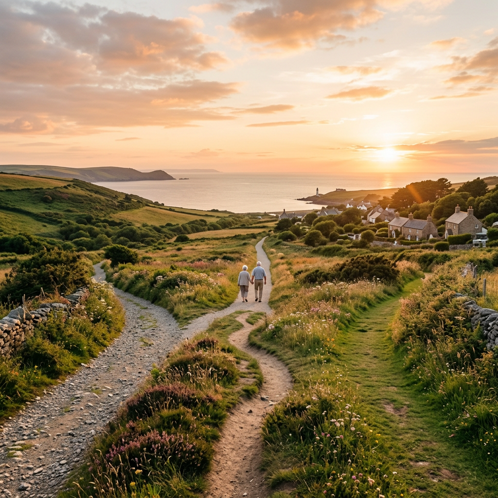 Elderly couple walking hand in hand on a village path overlooking coastline at sunset
