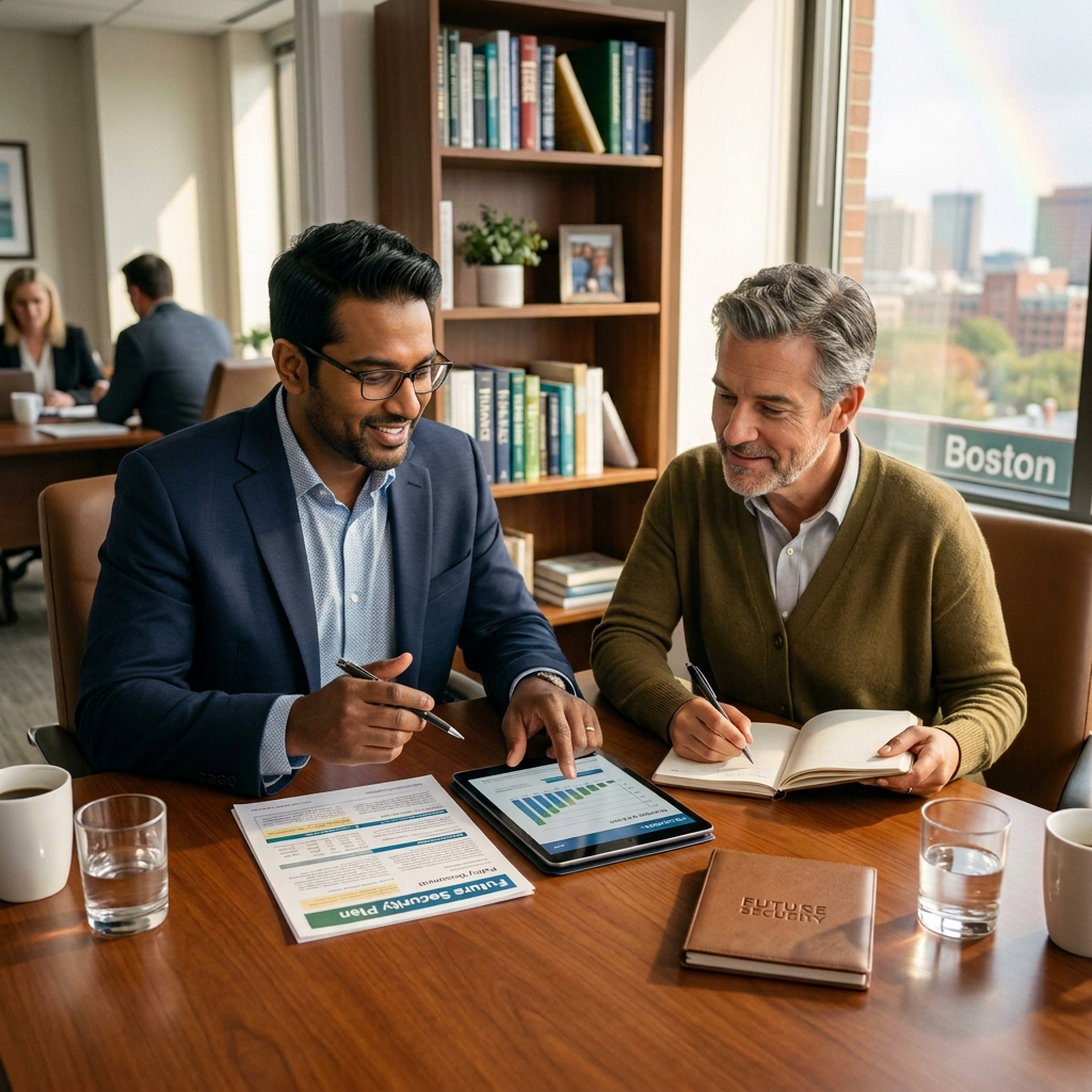 Two professionals reviewing financial documents and charts at a conference table