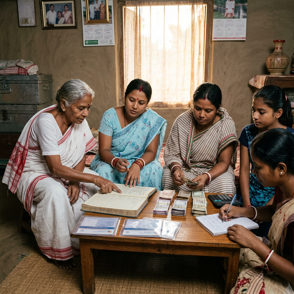 Women reviewing financial records, counting cash, and writing at a table